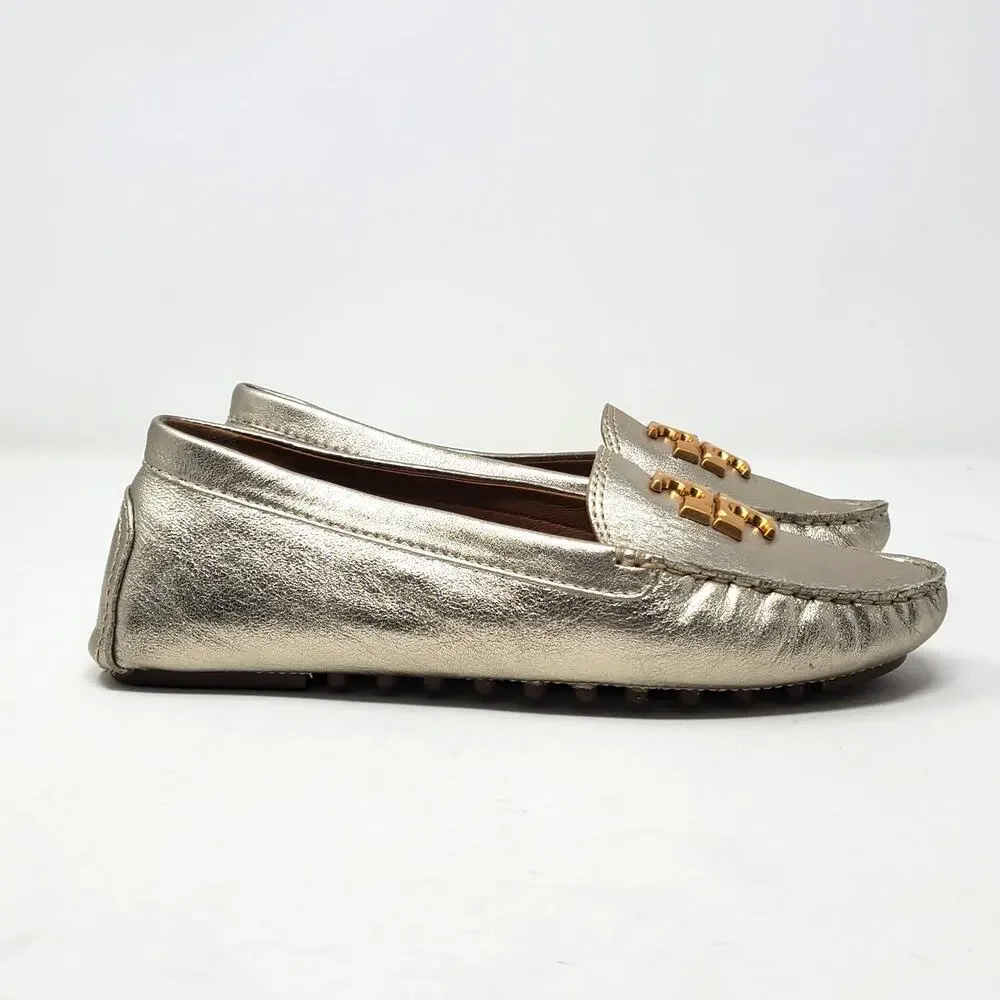Tory Burch Everly Driver Loafer Flat Metallic Gold Leather 141377 Size US 7.5 M